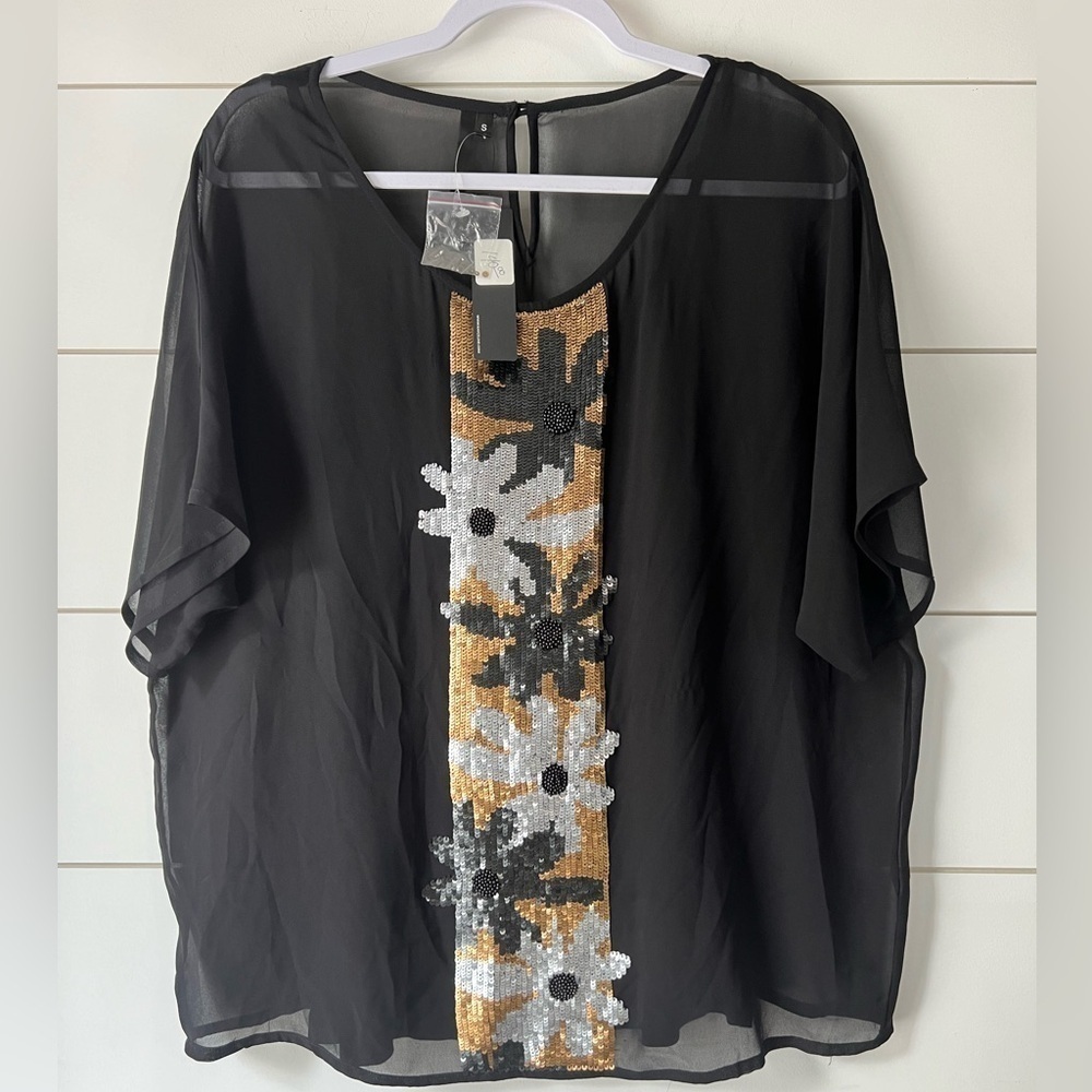 Kay Celine Black Sheer Chiffon Sequin Floral Blouse Short Sleeve Top NEW